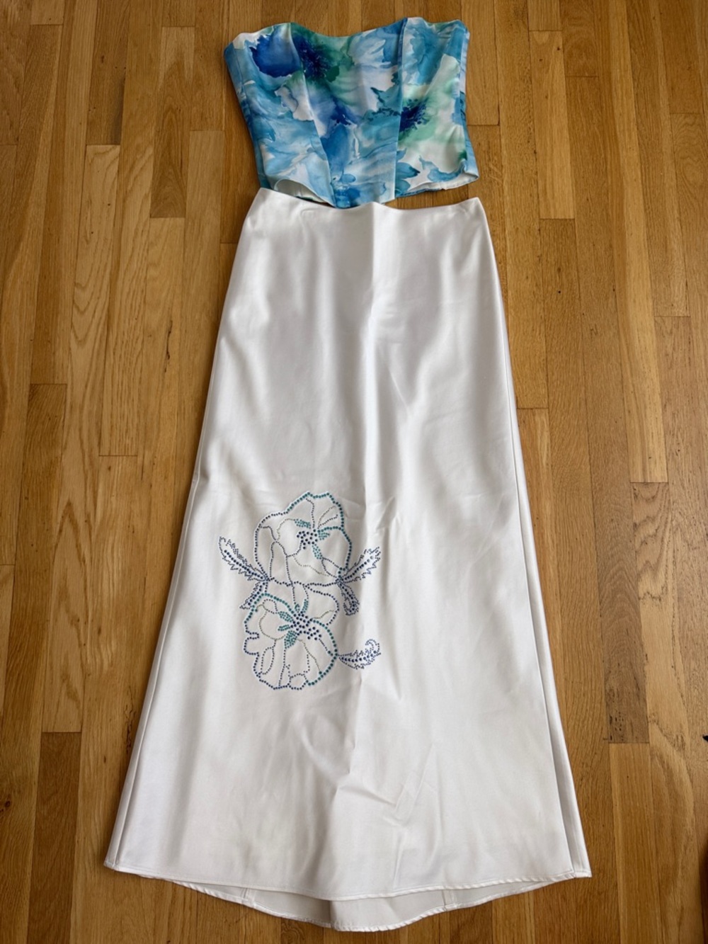 White Maxi Skirt with Blue Floral Embroidery